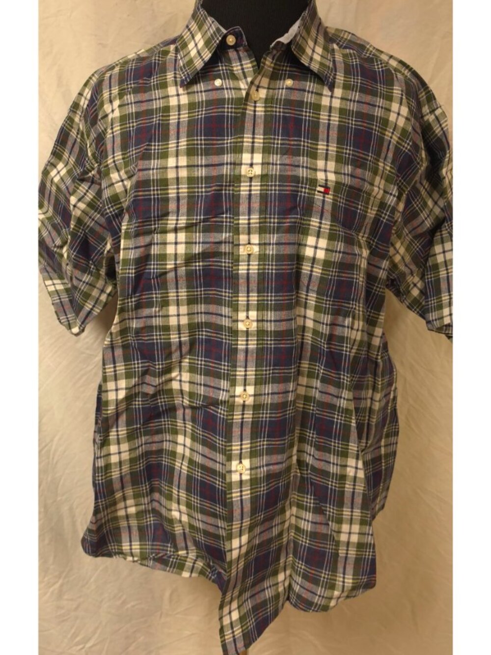 Tommy Hilfiger Mens XL Green Blue Plaid Short Sleeve Cotton Linen Button Shirt